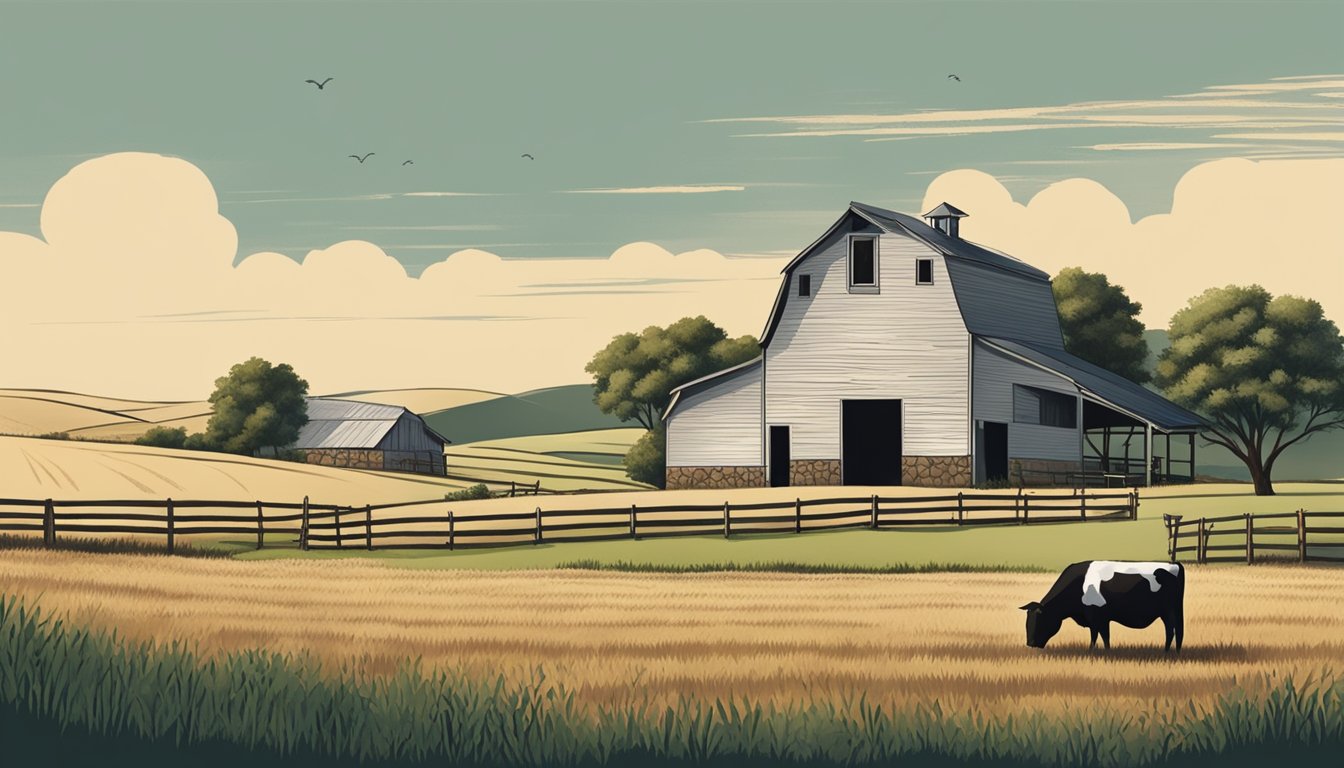 A rural landscape with a farmhouse, barn, and grazing livestock surrounded by rolling hills and fields in Henderson County, Texas