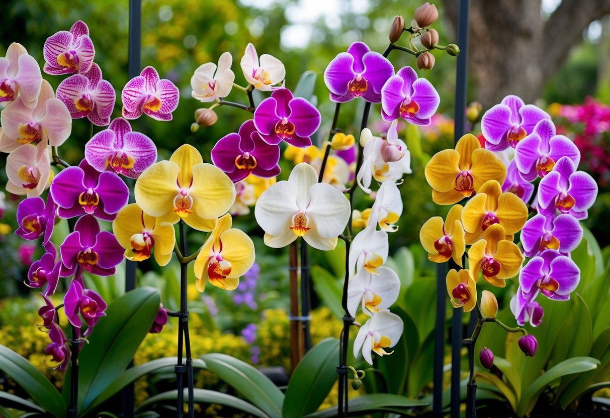 A lush, colorful array of orchids in various shapes and sizes, blooming in a vibrant garden setting