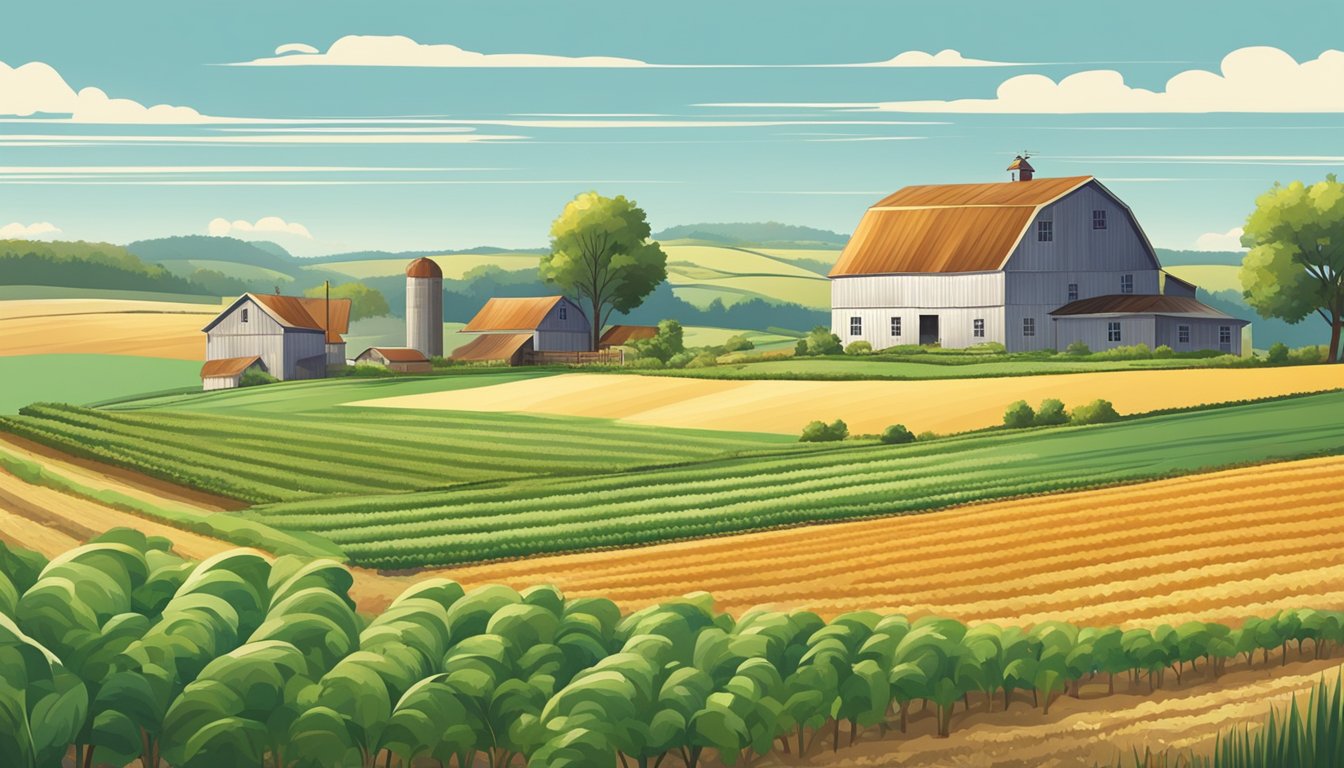 A rural landscape with a farmhouse, barn, and fields of crops under a clear blue sky