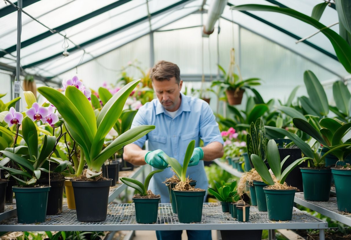 An orchid greenhouse with a variety of plants, some showing signs of disease or pest infestation. A gardener inspecting and treating the affected plants