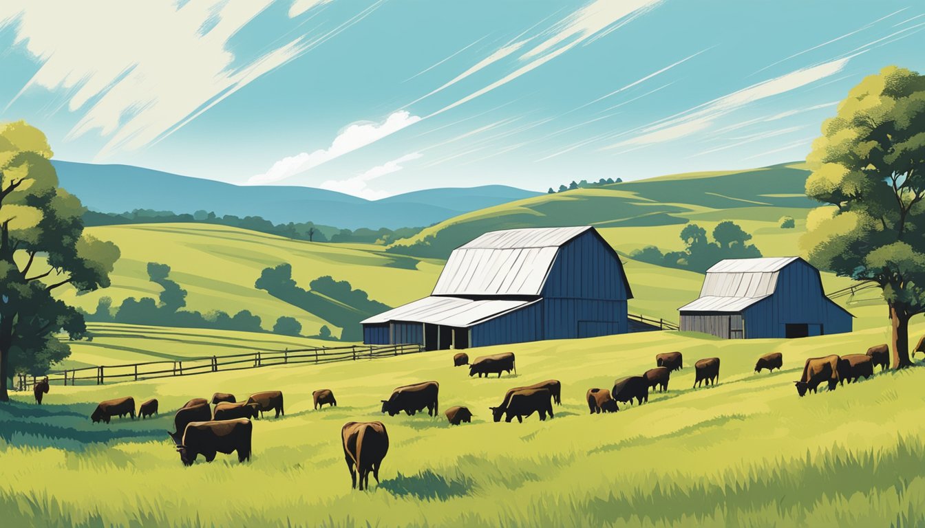 Rolling hills dotted with grazing cattle, a rustic barn in the distance, and a clear blue sky overhead