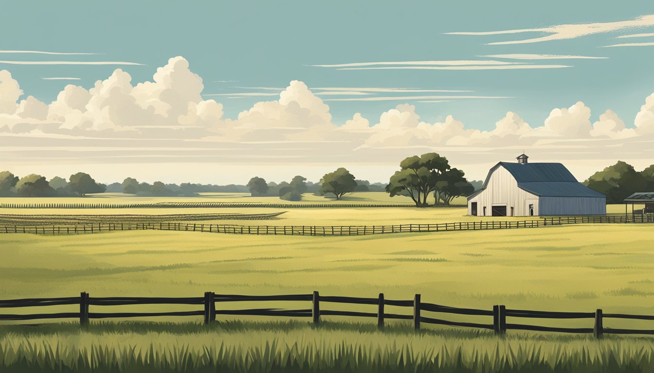 A vast, open field in Grimes County, Texas, with rows of crops and grazing livestock, surrounded by fences and a farmhouse in the distance