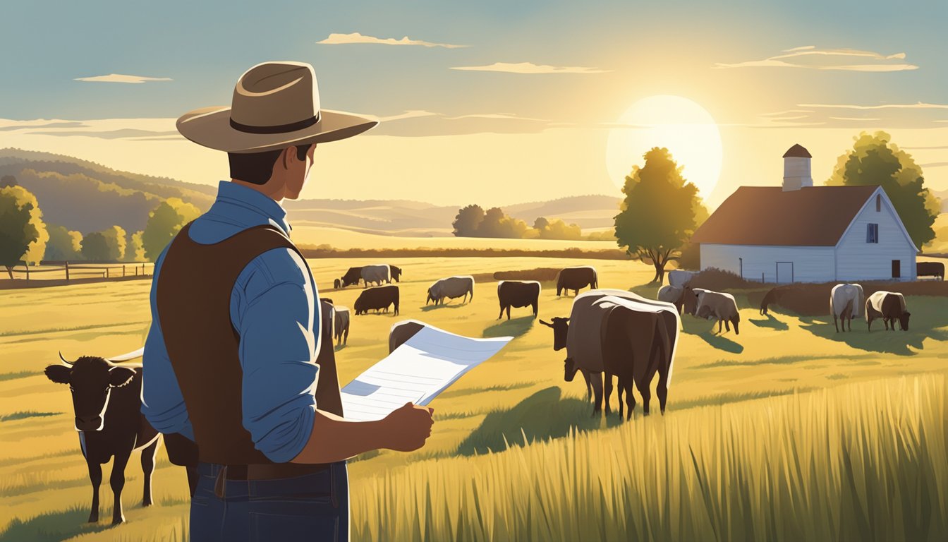 A rancher filling out forms while standing in a sunlit field with grazing cattle and a farmhouse in the background