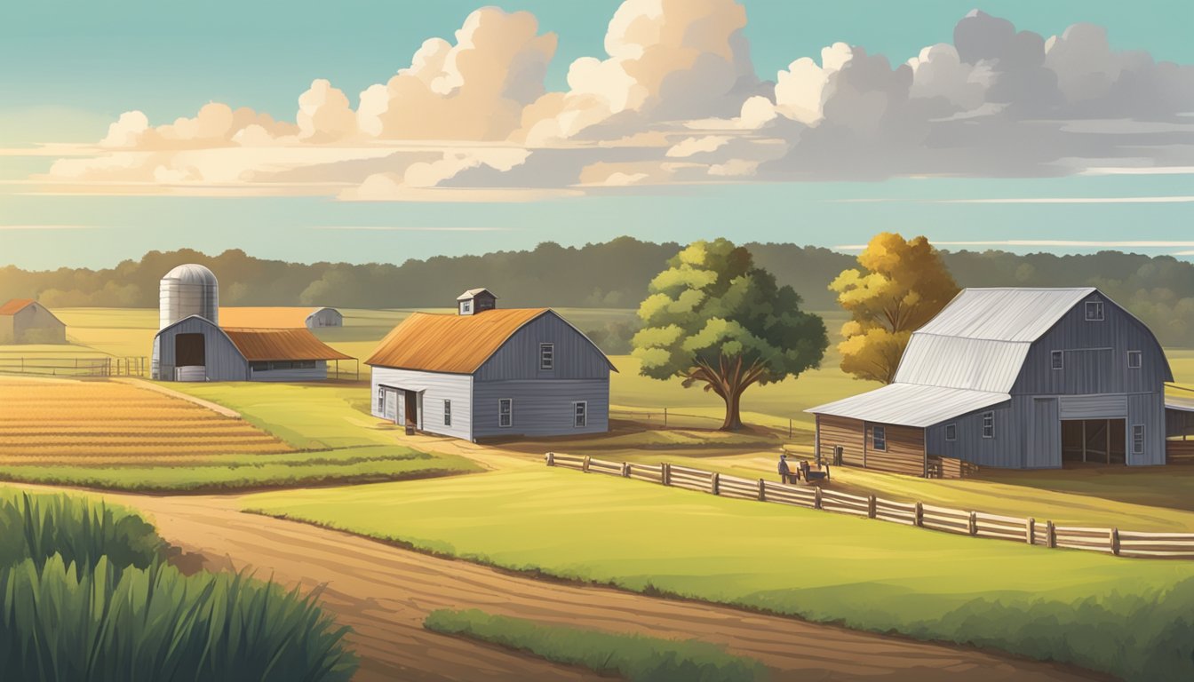 A rural landscape in Grimes County, Texas, with a farmhouse, barn, and fields. A farmer fills out paperwork for an agricultural exemption