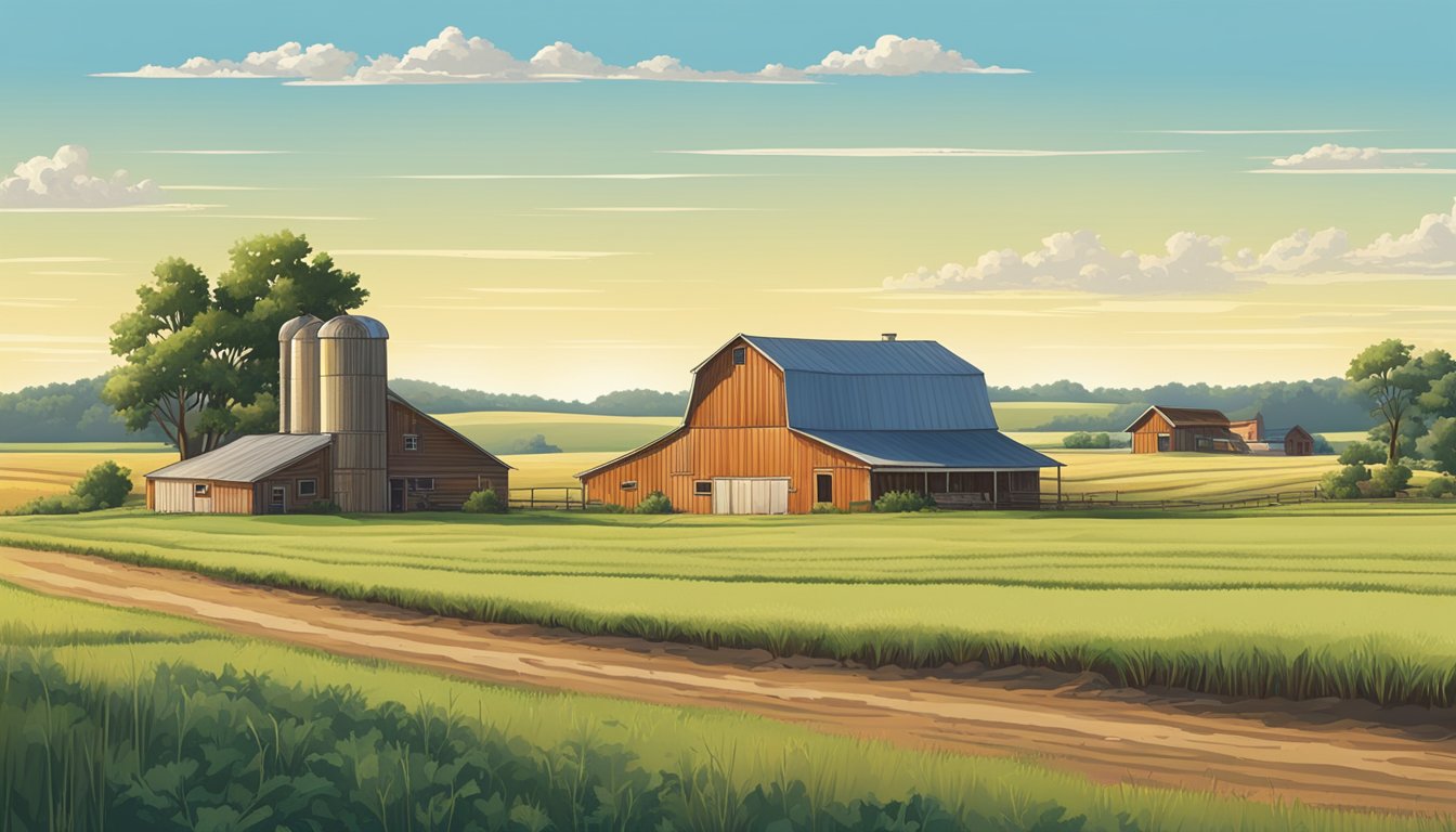 A rural landscape in Hemphill County, Texas with fields of crops and grazing land, a farmhouse, and a barn, all under a clear blue sky