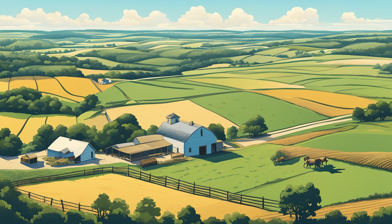 A sprawling farm in Grimes County, Texas, with fields of crops and grazing livestock, surrounded by rolling hills and a clear blue sky