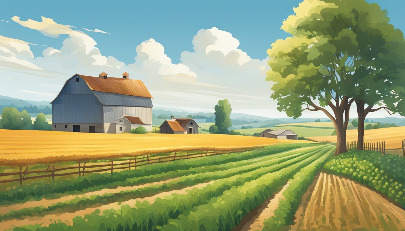 A rural landscape with a farmhouse, barn, and fields of crops under a clear blue sky