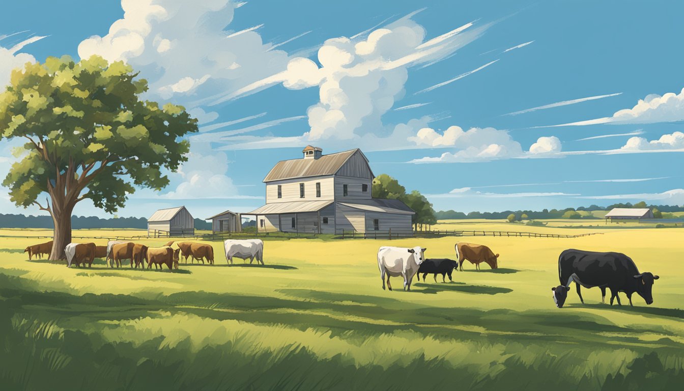 A rural landscape in Grimes County, Texas with a farmhouse, fields, and grazing livestock under a clear blue sky