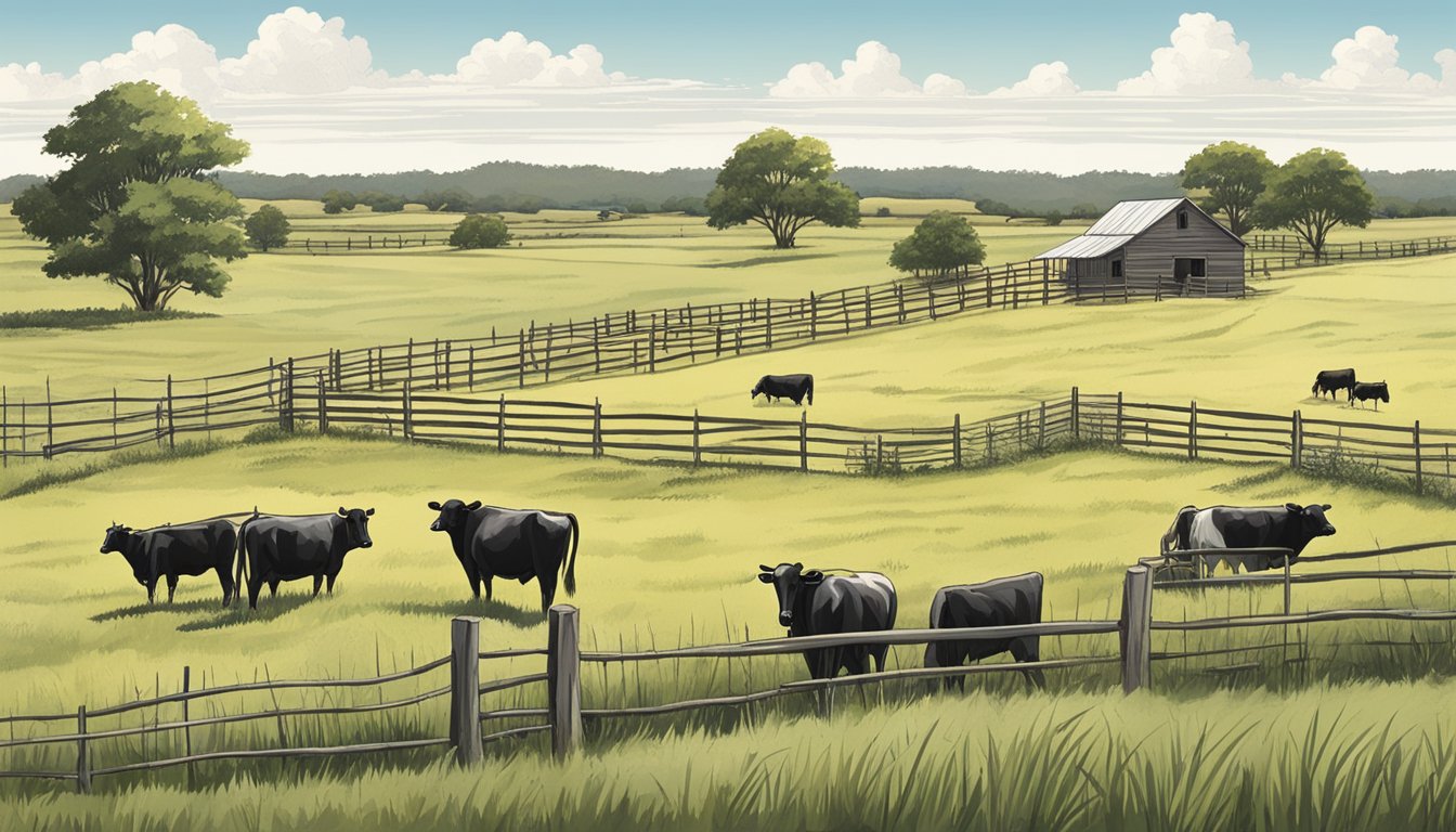 A vast, open field in Hemphill County, Texas, with a clear sky and scattered cattle grazing, surrounded by fencing and a distant farmhouse