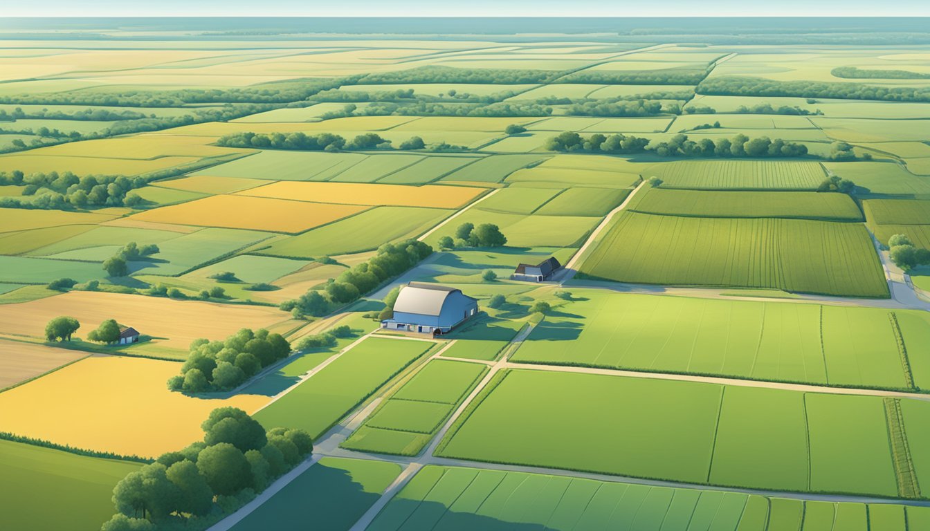 A vast expanse of farmland in Hale County, Texas, with rows of crops and grazing livestock, surrounded by open fields and a clear blue sky