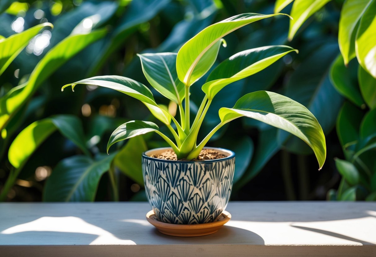 A calathea plant sitting on a patterned ceramic pot, surrounded by lush green foliage and dappled sunlight filtering through the leaves