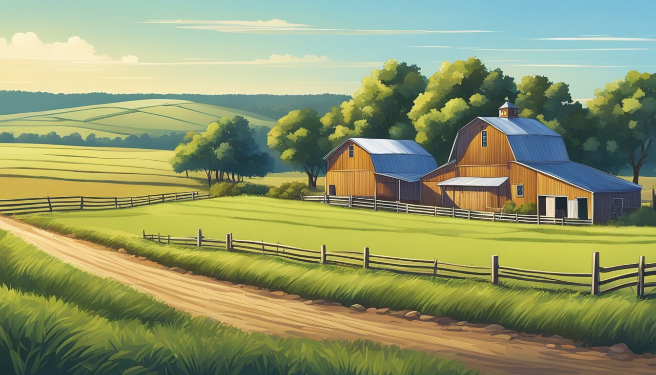 A rural landscape in Grimes County, Texas, with a farmhouse, barn, and fields of crops or livestock, under a clear blue sky