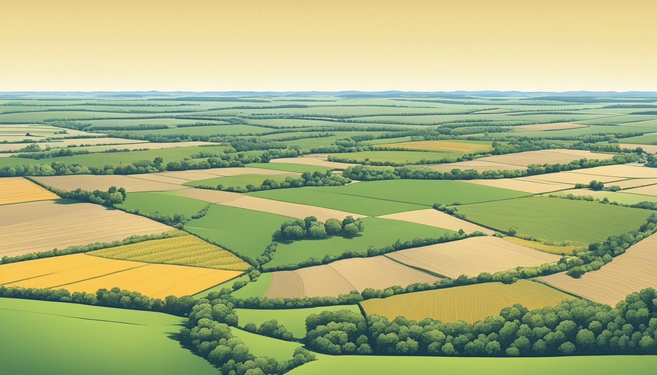 A vast expanse of farmland in Hemphill County, Texas, with fields of crops and grazing livestock, under a clear blue sky