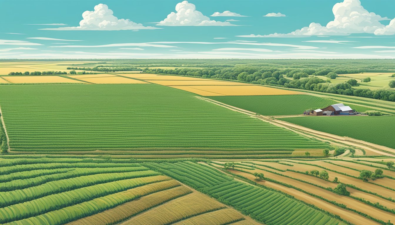 A vast expanse of fertile farmland in Hale County, Texas, with rows of crops and grazing livestock, under a clear blue sky