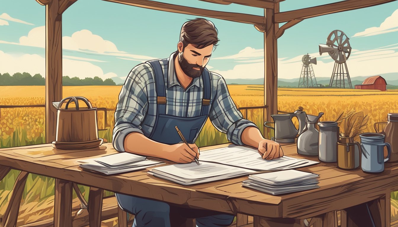 A farmer filling out paperwork at a rustic desk, surrounded by fields and farm equipment in the background