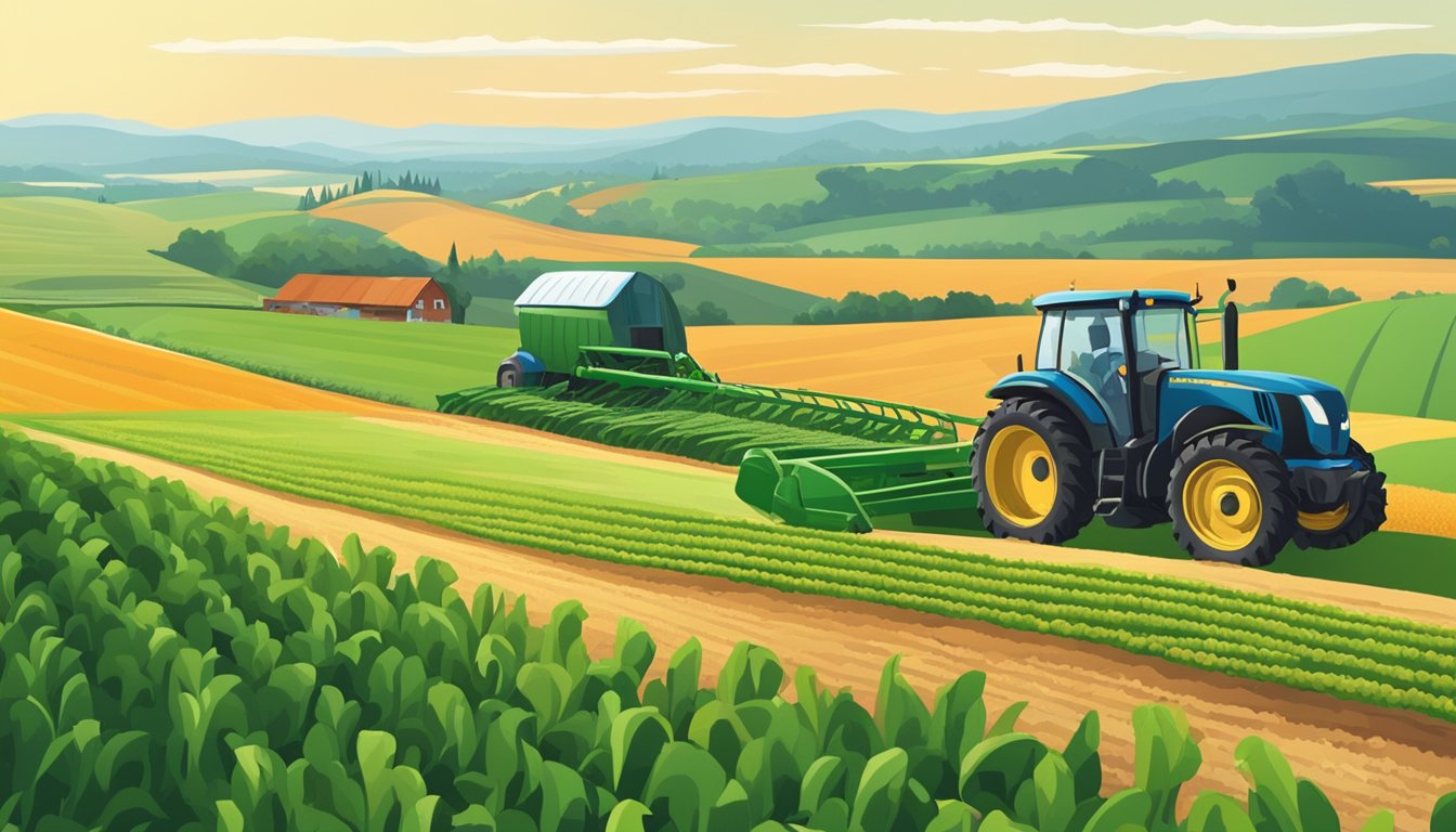 A vast field of crops surrounded by rolling hills, with a farmhouse in the distance and a tractor plowing the land