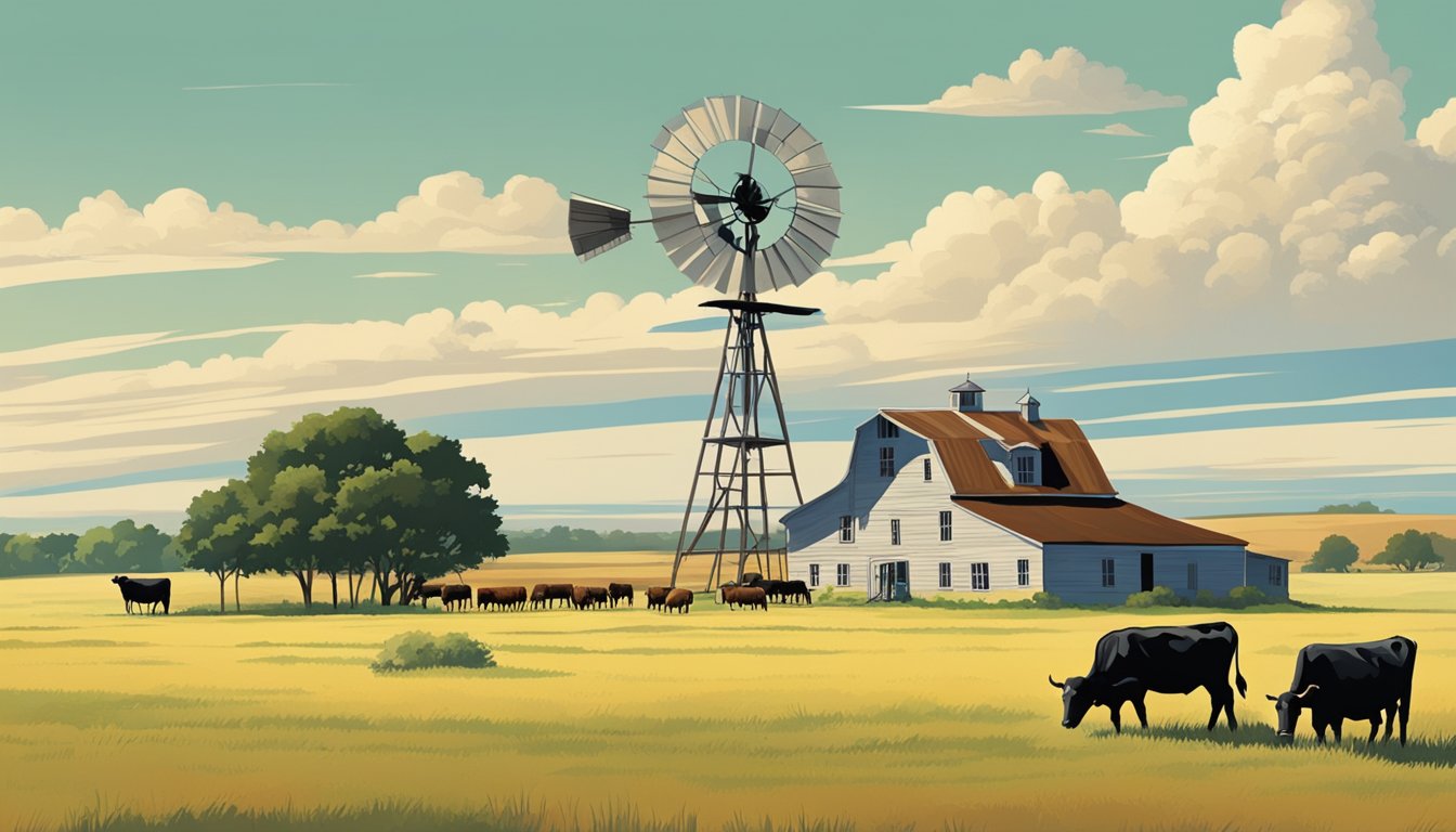 Rolling plains of Hemphill County, Texas with grazing cattle, windmill, and a farmhouse surrounded by vast open fields