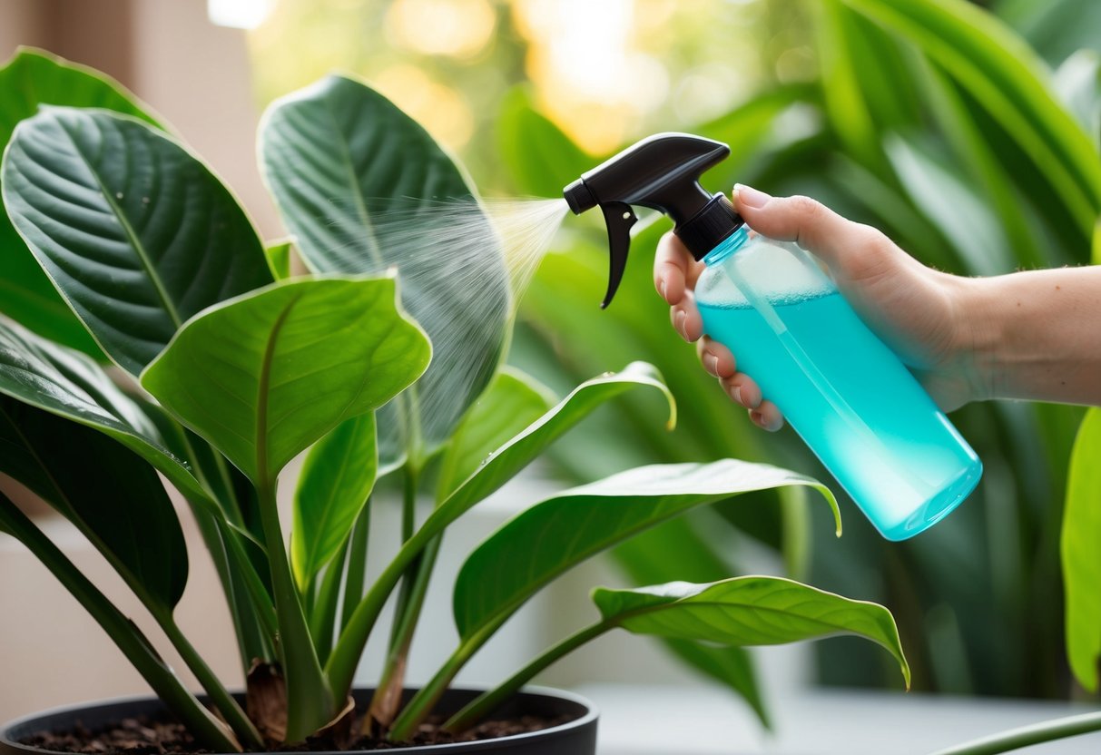 A person gently misting a calathea plant with a spray bottle, while inspecting the leaves for signs of curling or browning