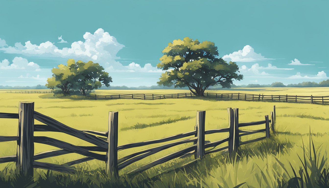 A wide open field in Hale County, Texas, with a rustic farm fence and grazing livestock under a clear blue sky