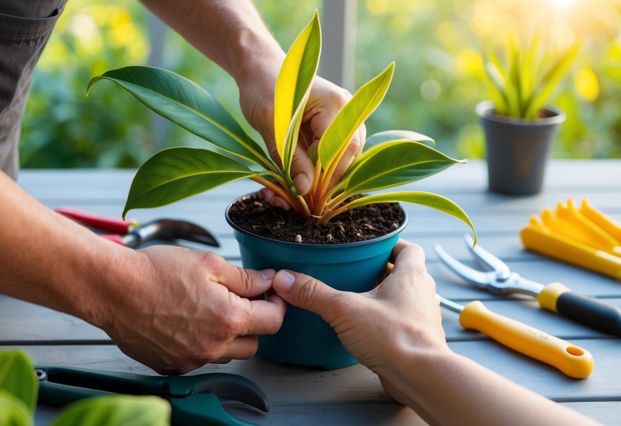 A pair of hands gently prune and maintain a vibrant calathea plant, surrounded by gardening tools and a peaceful, sunlit setting