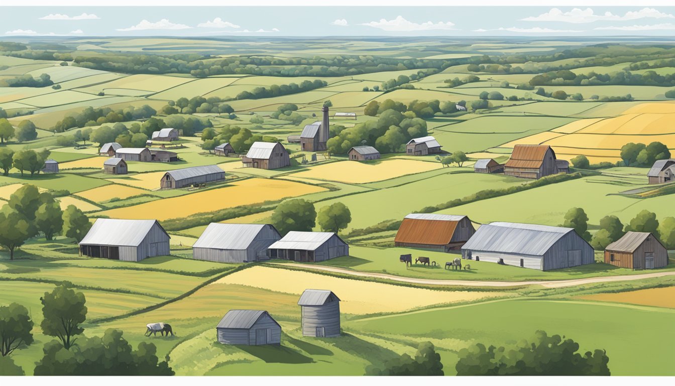 A sprawling rural landscape with fields, livestock, and farm buildings under a clear sky, representing the eligibility criteria for agricultural exemptions in Gray County, Texas