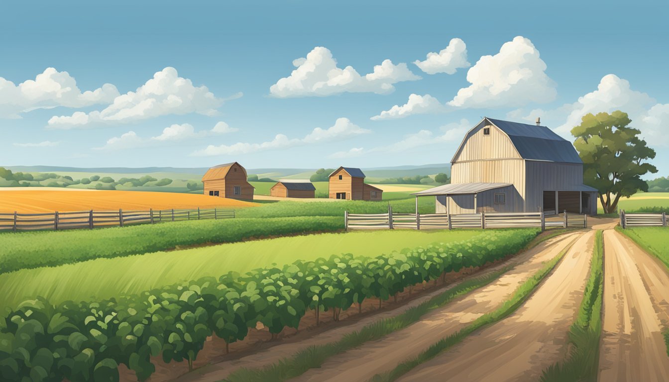 A rural landscape with a farmhouse, barn, and fields of crops under a clear blue sky in Hays County, Texas