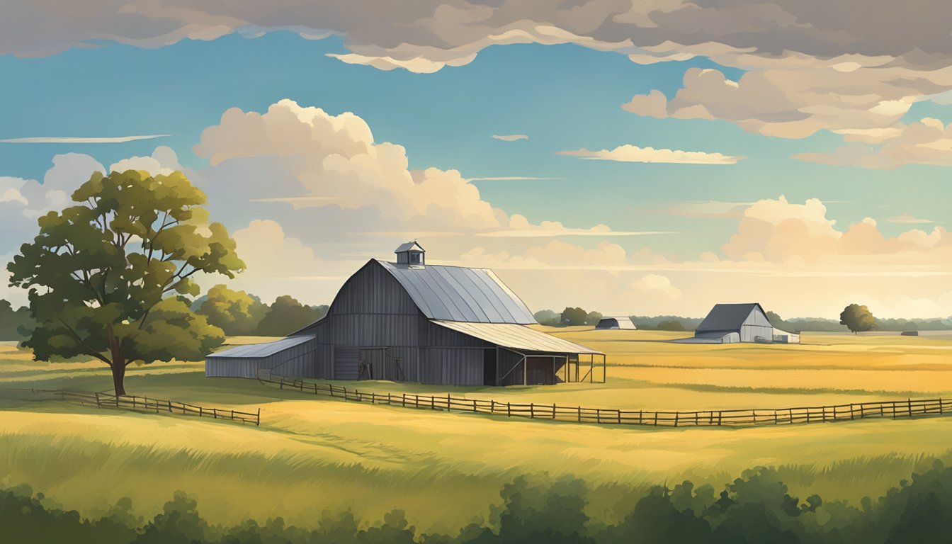 A rural landscape in Gregg County, Texas, with a farmhouse, barn, and open fields for agricultural use