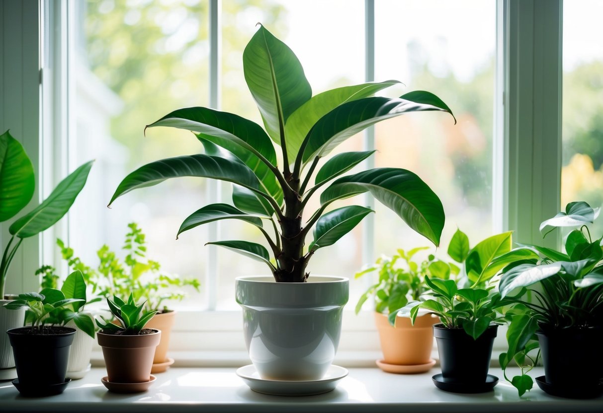 A rubber plant in a white ceramic pot sits on a sunny windowsill, surrounded by other leafy houseplants