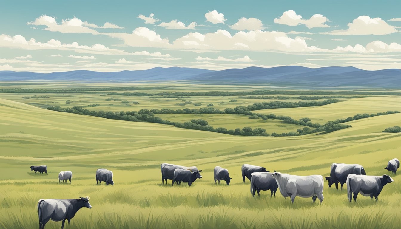 A vast open field in Gray County, Texas, with grazing livestock, rolling hills, and a clear blue sky