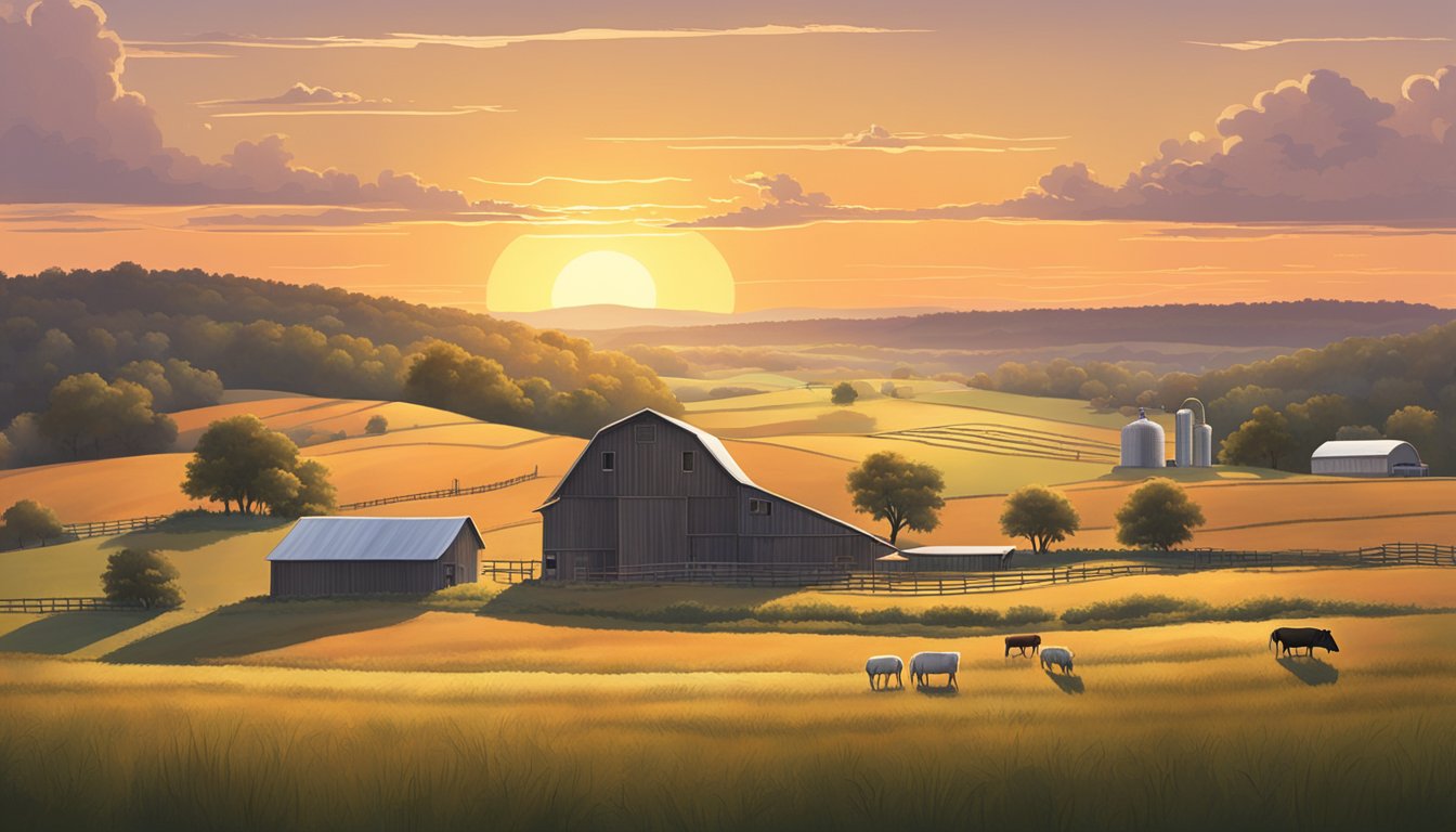 A sprawling farm in Gregg County, Texas, with rolling fields, a barn, and grazing livestock, all under the warm glow of the setting sun