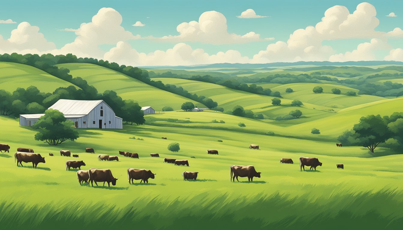 Rolling hills of gray county texas, dotted with cattle grazing in lush green pastures. A farmhouse sits nestled among the fields, with a backdrop of clear blue skies