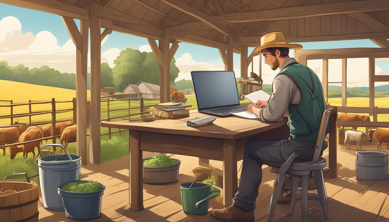 A farmer filling out paperwork at a desk, surrounded by agricultural equipment and livestock in a rural setting