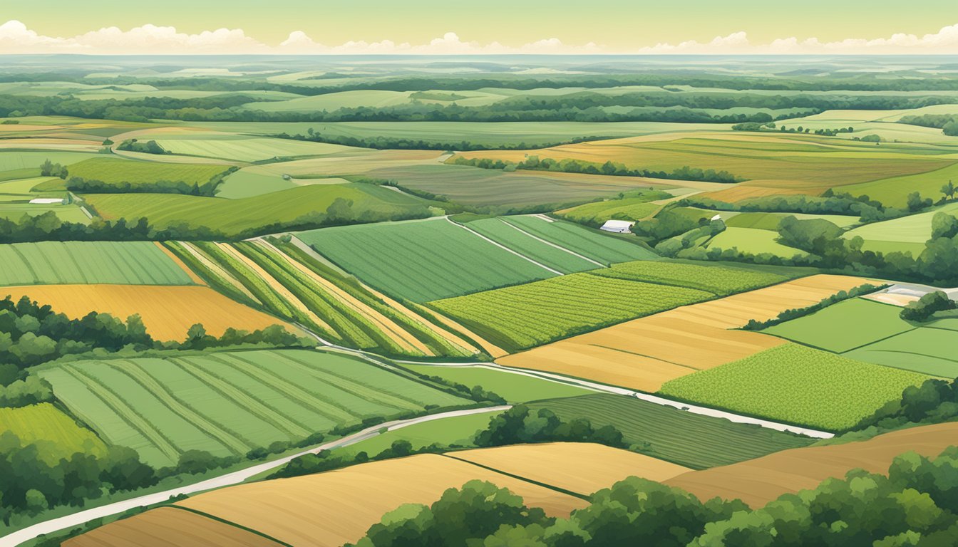 A sprawling landscape of agricultural fields in Gregg County, Texas, with signs indicating ag exemption status