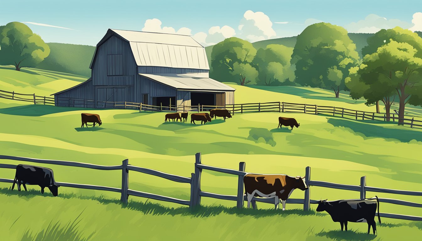 Rolling hills of green pastures with grazing cattle, a rustic barn, and a clear blue sky in Gregg County, Texas