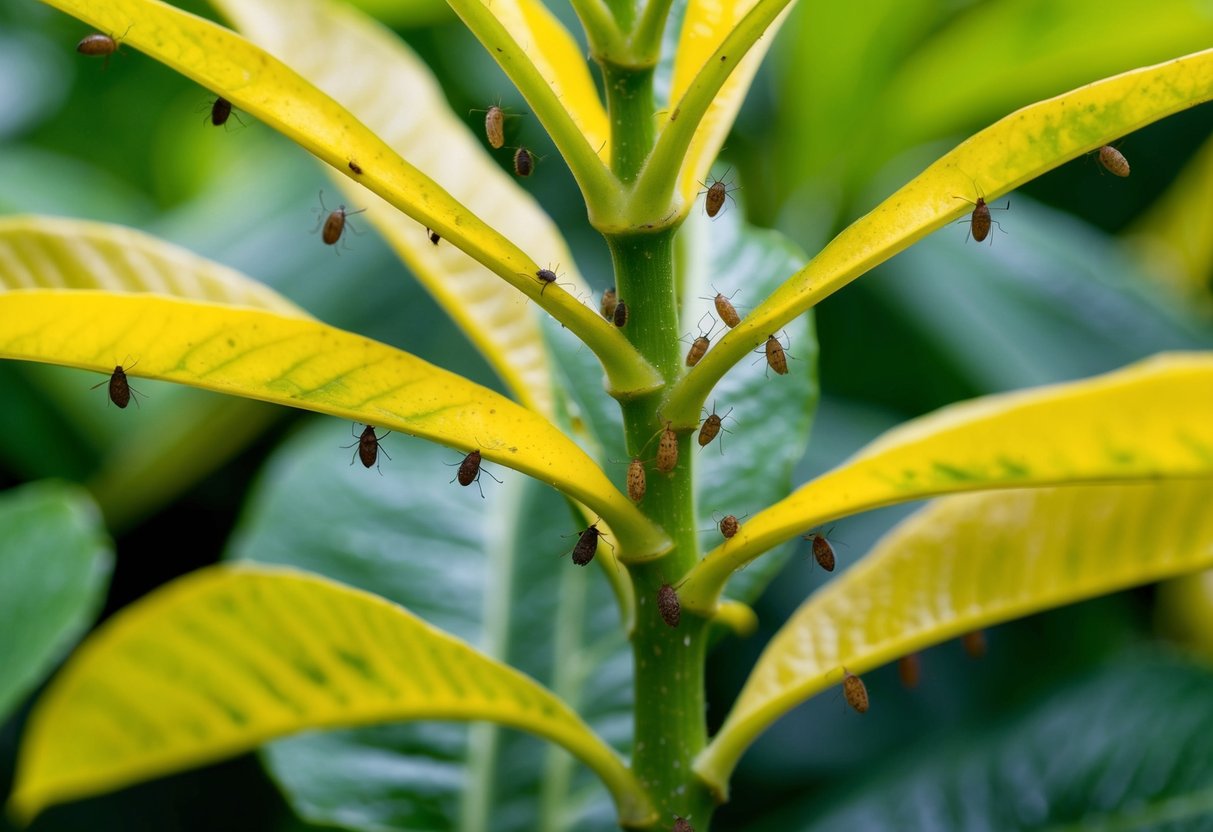 A rubber plant with yellowing leaves, surrounded by aphids and scale insects