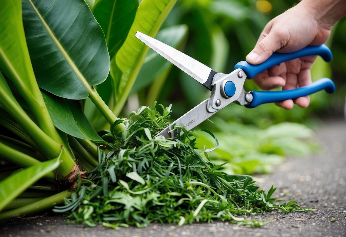 A pair of gardening shears snipping away at overgrown rubber plant leaves, with a pile of trimmed foliage on the ground