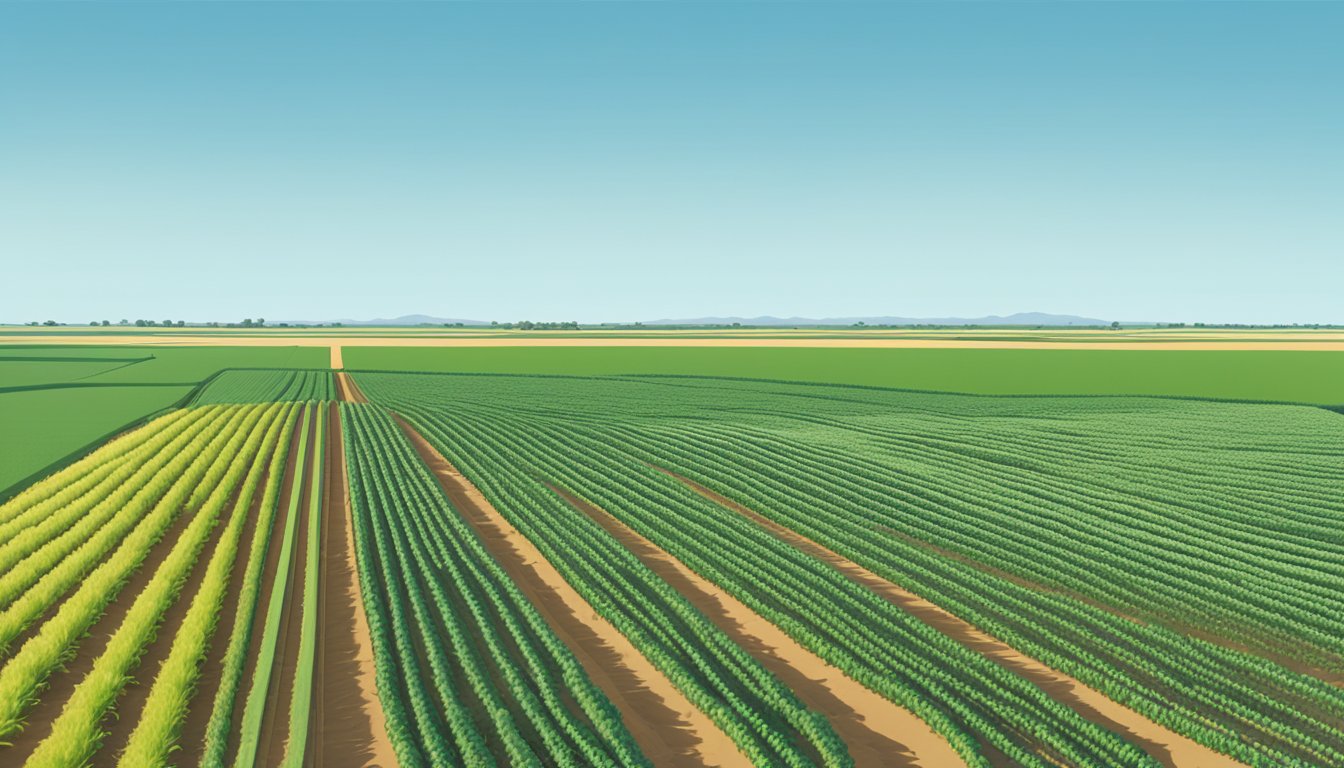 A vast, open field in Glasscock County, Texas, with rows of crops stretching into the distance, under a clear blue sky