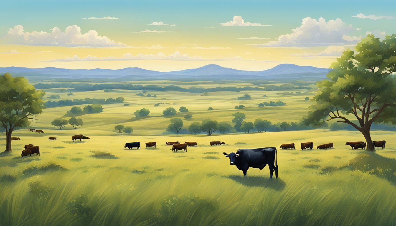 A sprawling Texas landscape with cattle grazing in a vast open field, surrounded by rolling hills and a bright blue sky