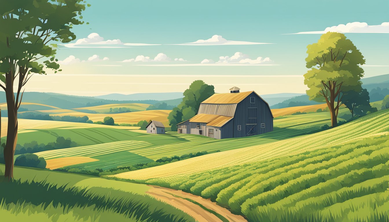 A rural landscape with a farmhouse, barn, and fields of crops, surrounded by rolling hills and a clear blue sky