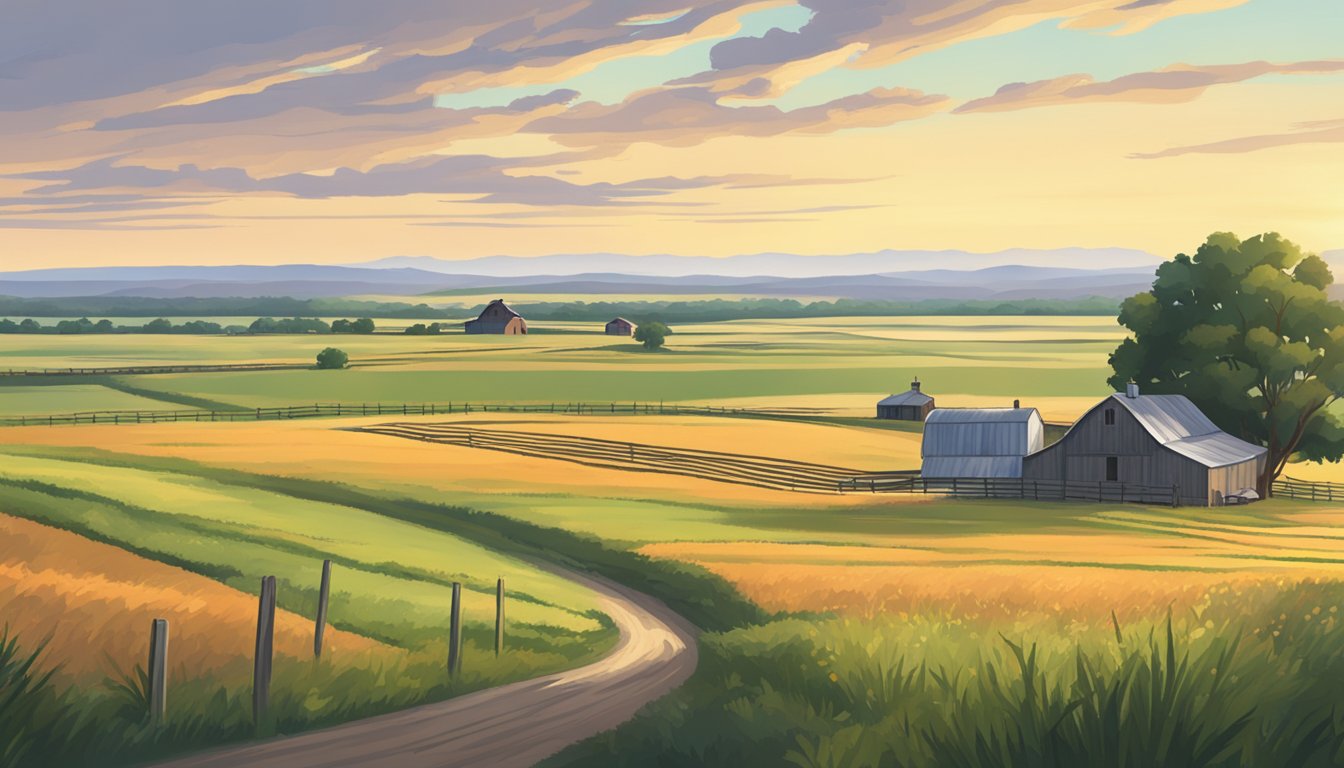 Rolling fields of crops and grazing land in Glasscock County, Texas, with a farmhouse and barn in the distance