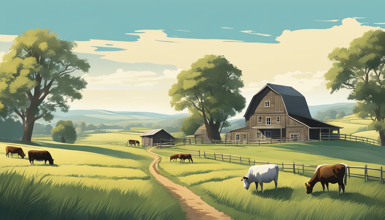 A rural landscape with a farmhouse, barn, and grazing livestock under a clear blue sky