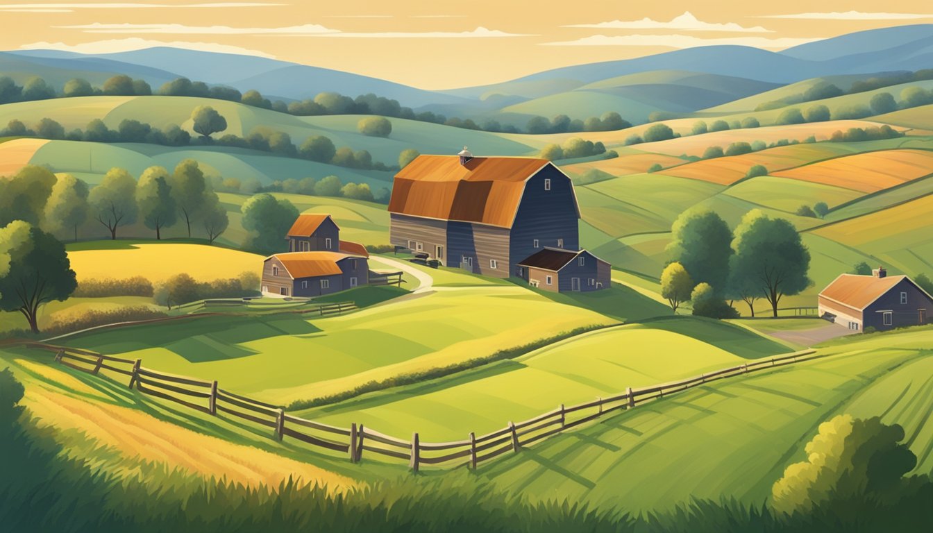 A rural landscape with a farmhouse, barn, and fields, surrounded by rolling hills and grazing livestock. A county official assesses the property for agricultural exemption