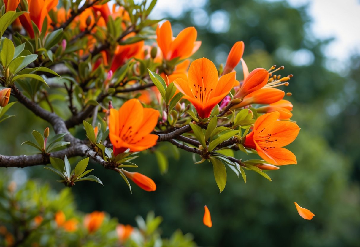 A flame tree in full bloom, its vibrant red-orange flowers contrasting against the green foliage, with a few delicate petals falling to the ground