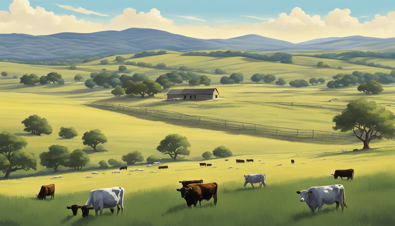 A vast, open field in Hartley County, Texas, with cattle grazing under the clear blue sky, surrounded by rolling hills and a distant farmhouse