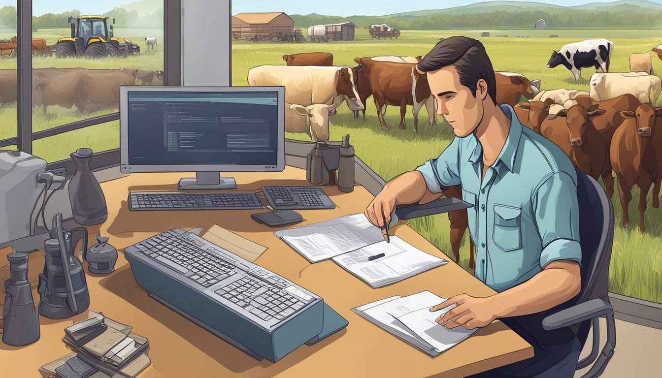 A rancher filling out paperwork at a desk with a computer, surrounded by agricultural equipment and livestock