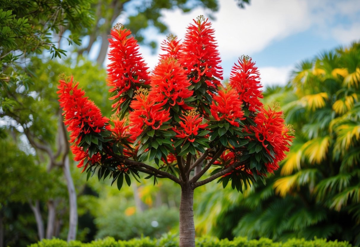 A flame tree stands tall, its vibrant red flowers contrasting with the lush green foliage, symbolizing cultural significance