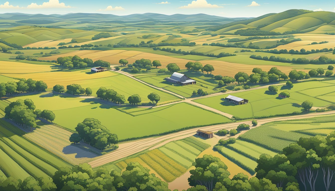 A sprawling ranch in Gonzales County, Texas, with fields of crops and grazing livestock, surrounded by rolling hills and a clear blue sky