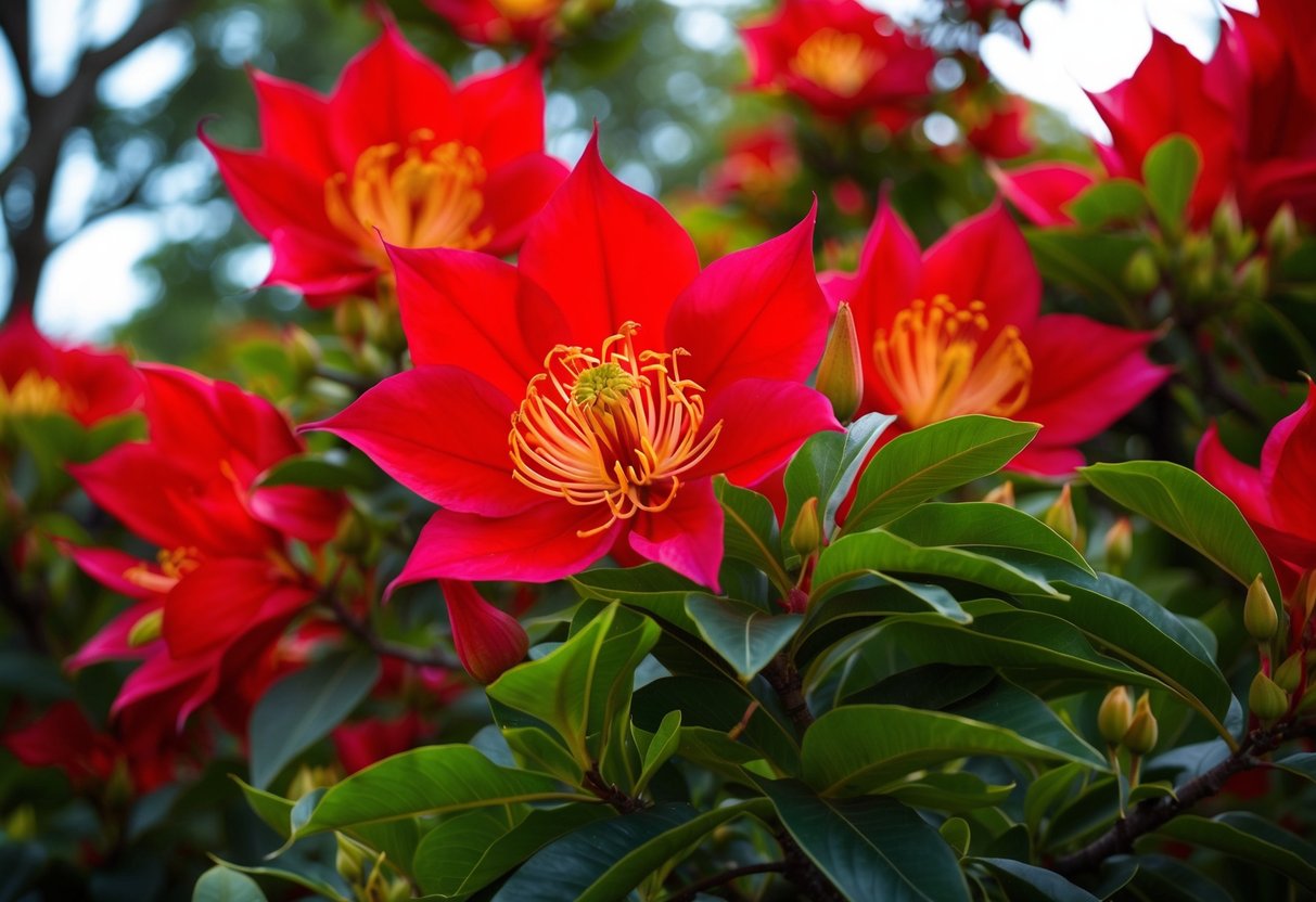 Vibrant red flame tree in full bloom, with large, fiery flowers and lush green foliage