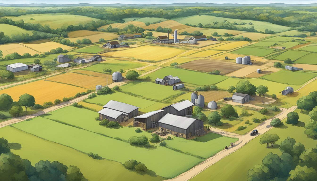 A rural landscape in Gonzales County, Texas, featuring a large agricultural property with crops and livestock, surrounded by fences and marked with ag exemption signs