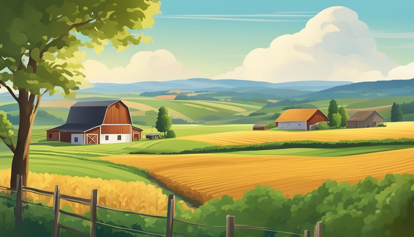 A rural landscape with a farmhouse, barn, and fields of crops under a clear blue sky